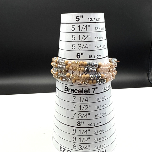 Glass Bead Bracelet 27" Wire Wrap Tan Gray Gunmetal Faceted Rondels Boho Bangle - Picture 6 of 6